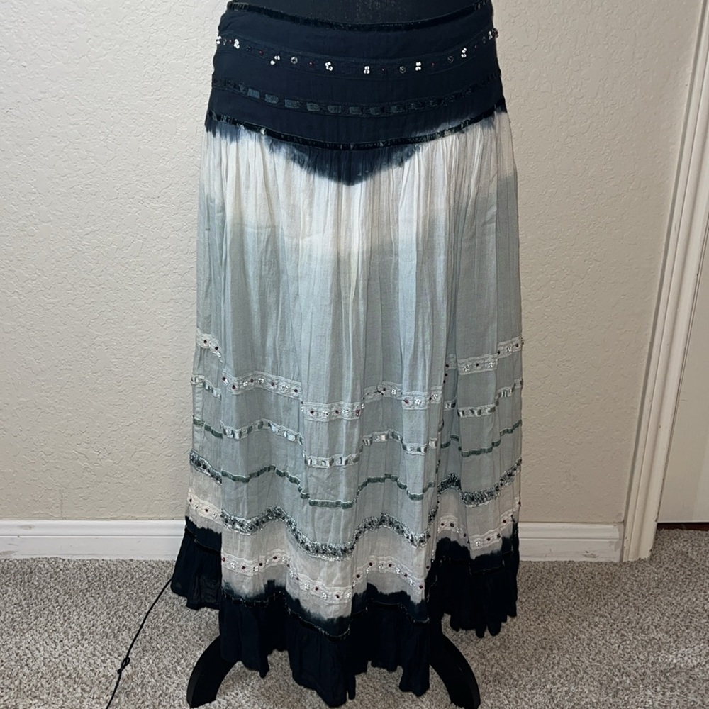 Vintage Angie black &  grey multi beaded boho  skirt with velvet trim. Small